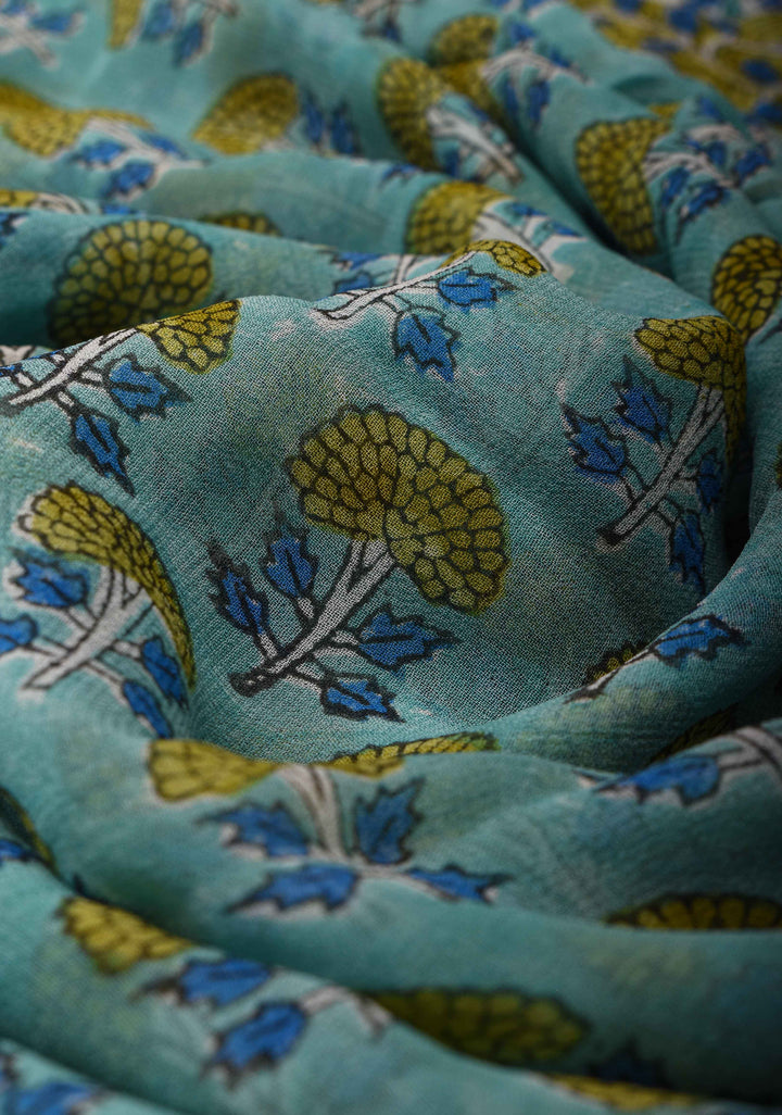 Teal Georgette Saree with Sanganeri Hand Block Print