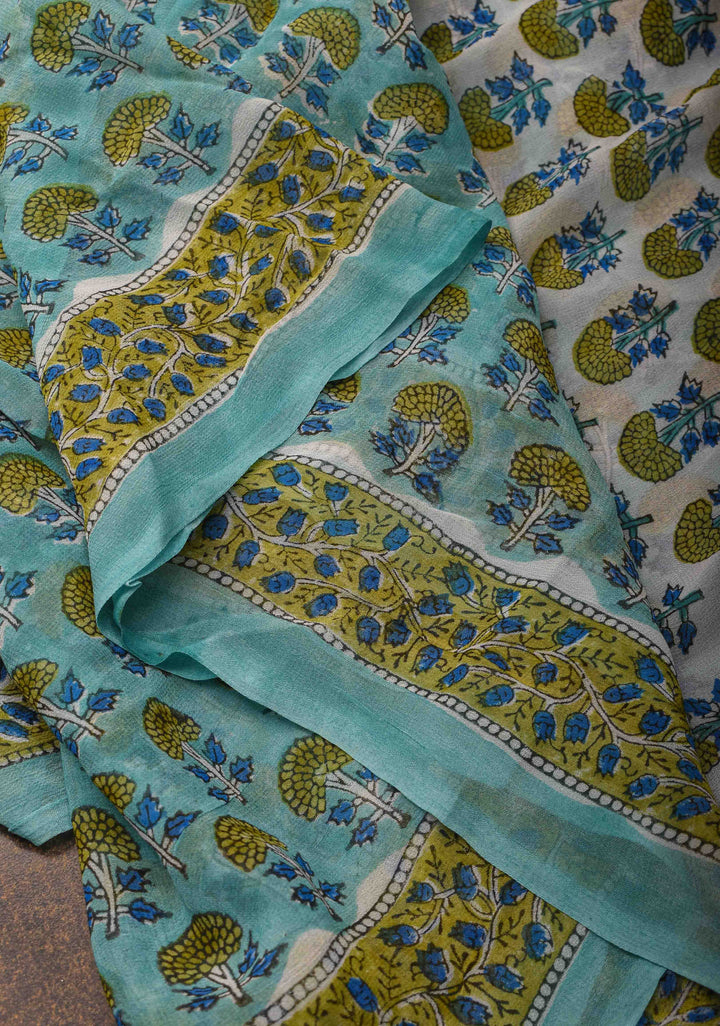 Teal Georgette Saree with Sanganeri Hand Block Print
