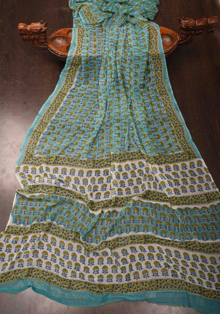 Teal Georgette Saree with Sanganeri Hand Block Print