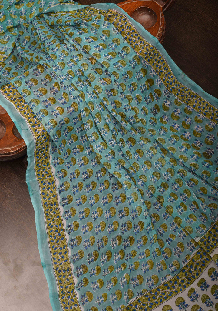 Teal Georgette Saree with Sanganeri Hand Block Print