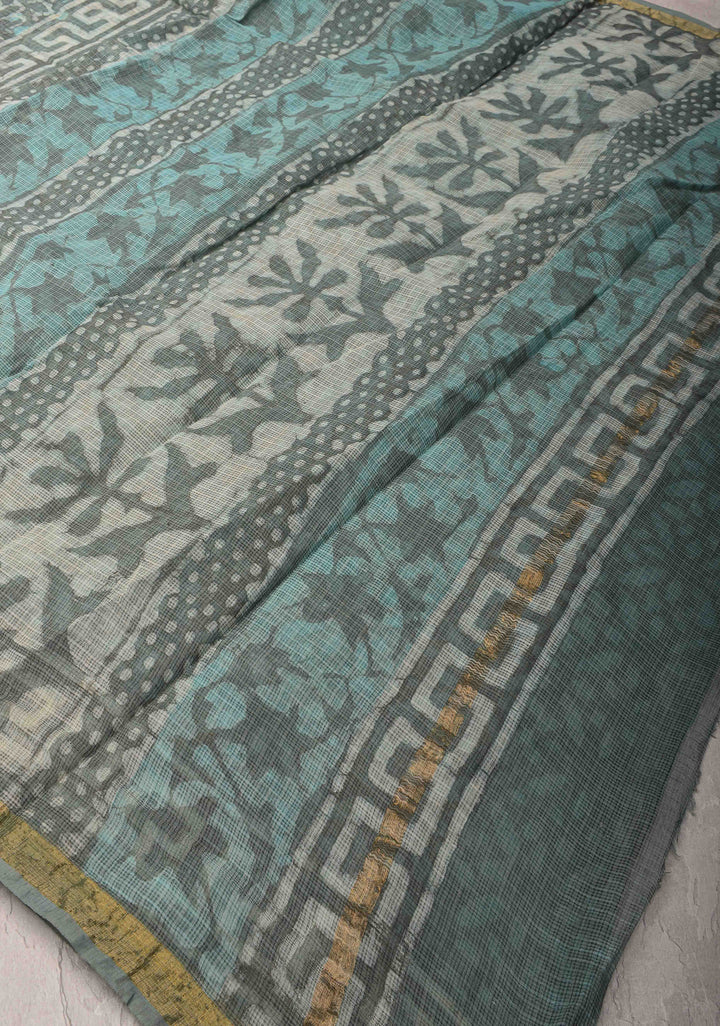 Greyish Blue Kota Doria Cotton Saree with Sanganeri Hand Block Print and Minimal Zari Border