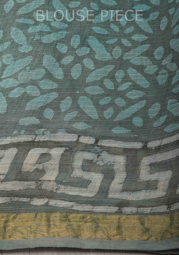 Greyish Blue Kota Doria Cotton Saree with Sanganeri Hand Block Print and Minimal Zari Border