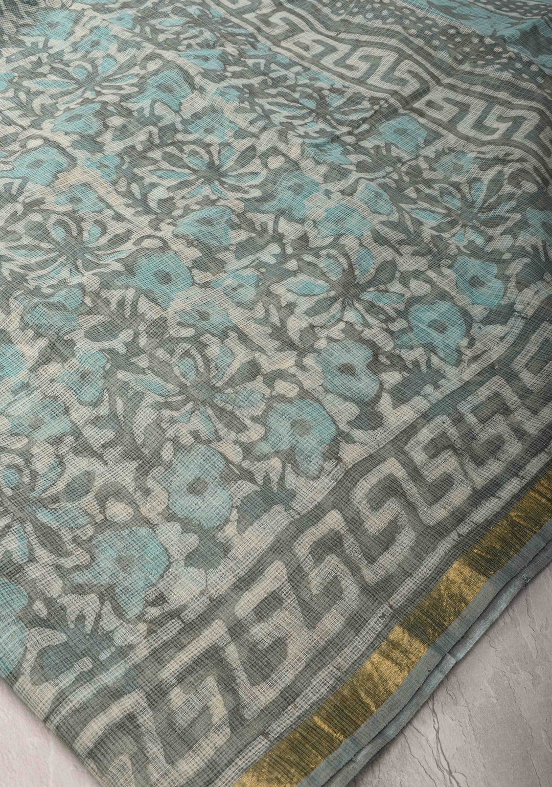 Greyish Blue Kota Doria Cotton Saree with Sanganeri Hand Block Print and Minimal Zari Border