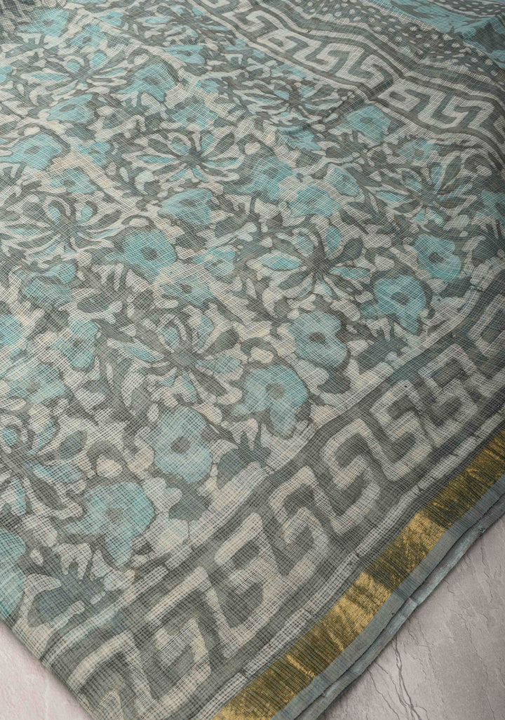 Greyish Blue Kota Doria Cotton Saree with Sanganeri Hand Block Print and Minimal Zari Border