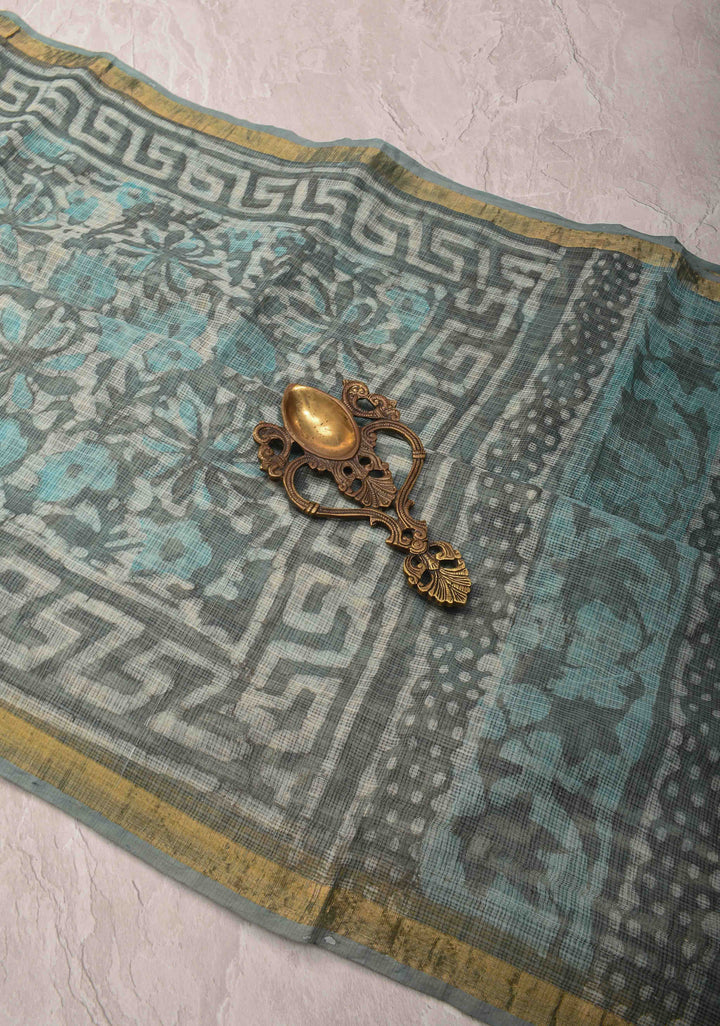 Greyish Blue Kota Doria Cotton Saree with Sanganeri Hand Block Print and Minimal Zari Border