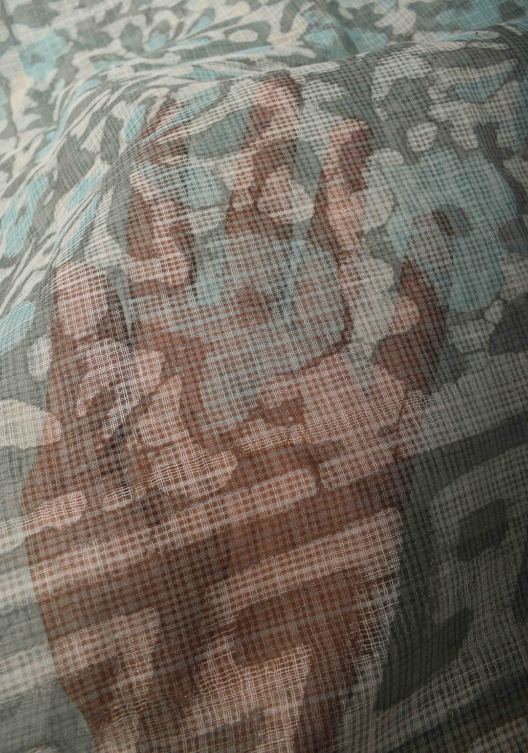 Greyish Blue Kota Doria Cotton Saree with Sanganeri Hand Block Print and Minimal Zari Border