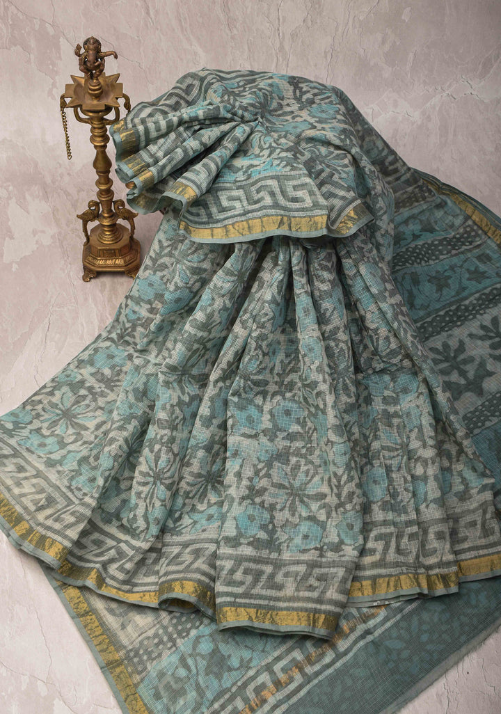 Greyish Blue Kota Doria Cotton Saree with Sanganeri Hand Block Print and Minimal Zari Border