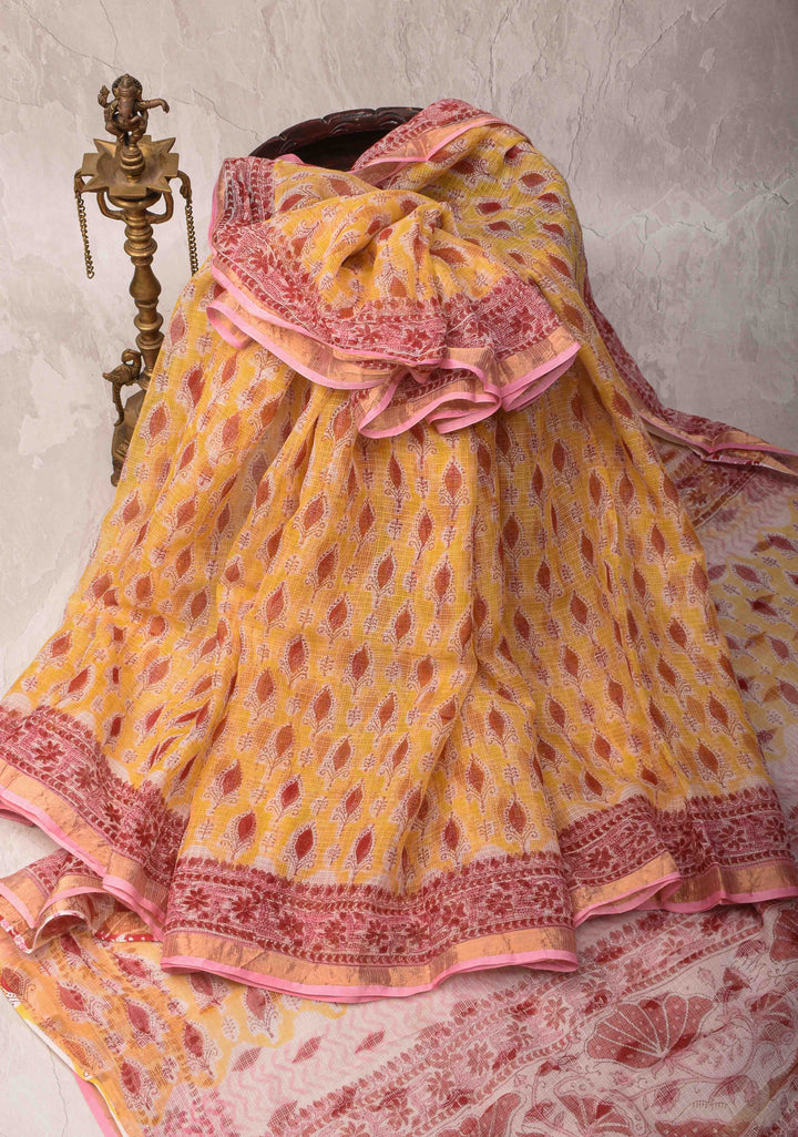 Pastel Yellow Kota Doria Cotton Saree with Sanganeri Hand Block Print and Zari Border