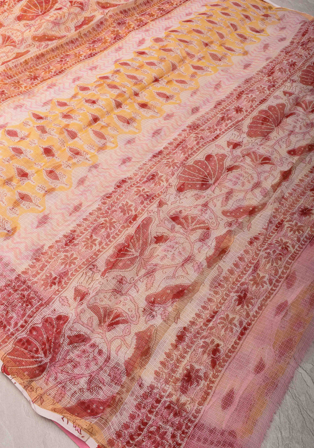 Pastel Yellow Kota Doria Cotton Saree with Sanganeri Hand Block Print and Zari Border