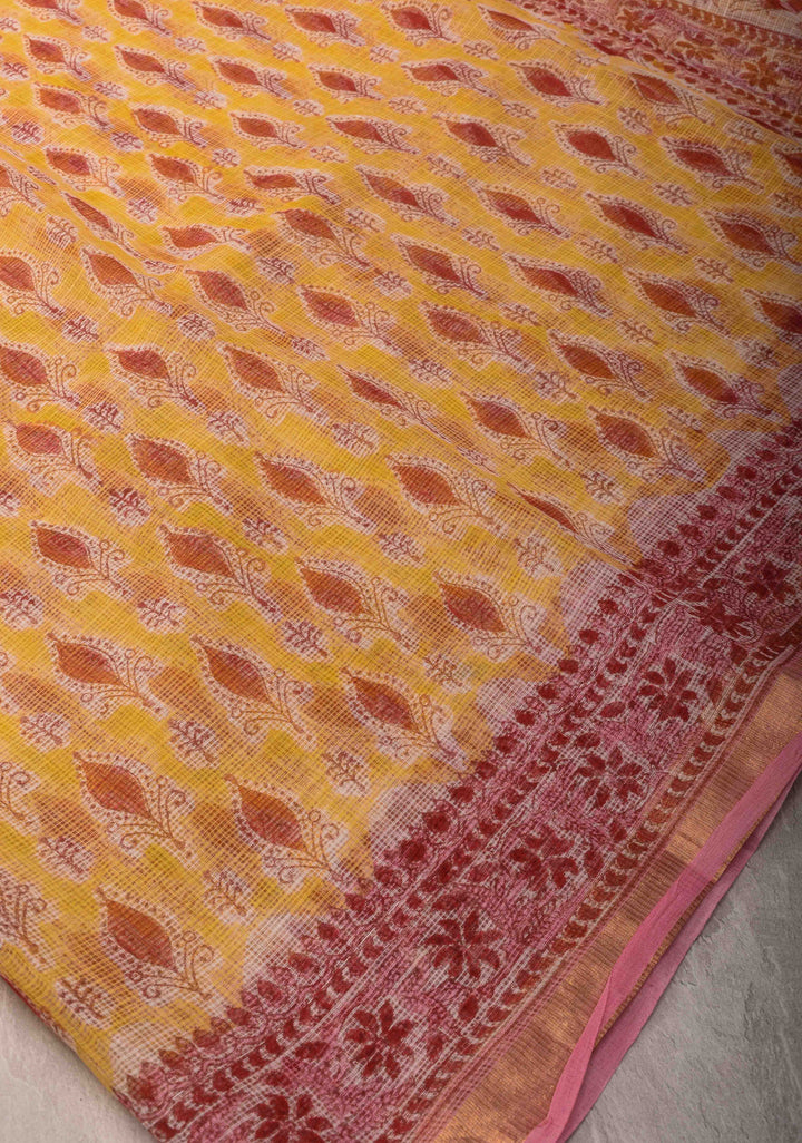 Pastel Yellow Kota Doria Cotton Saree with Sanganeri Hand Block Print and Zari Border