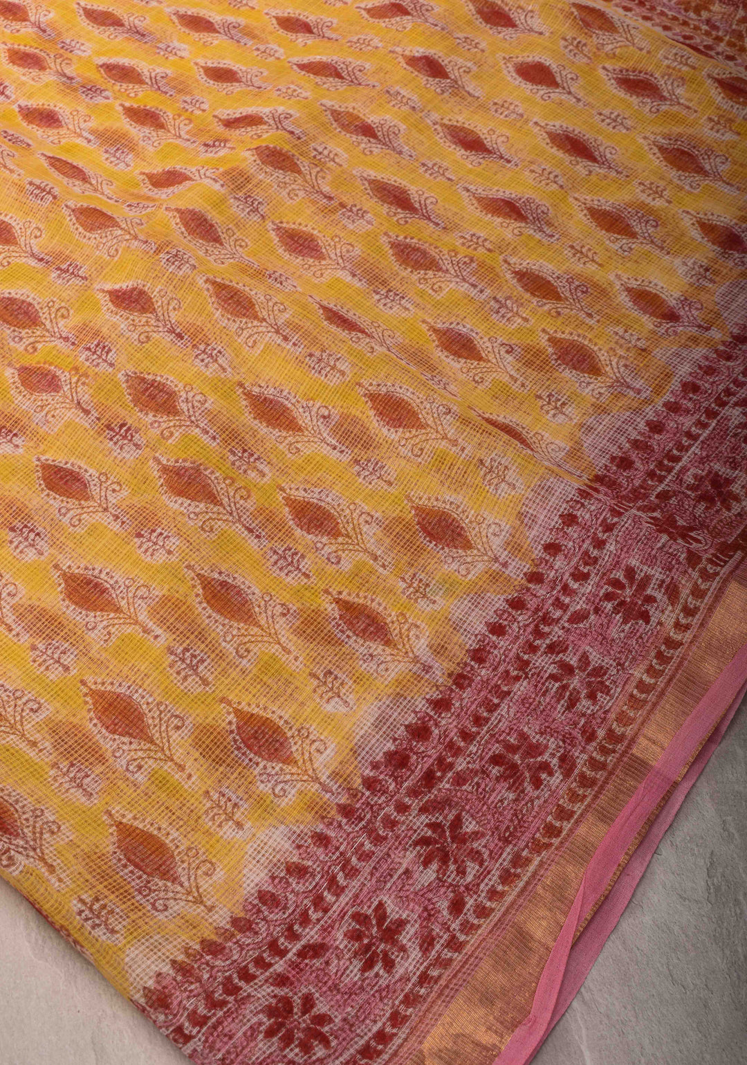 Pastel Yellow Kota Doria Cotton Saree with Sanganeri Hand Block Print and Zari Border