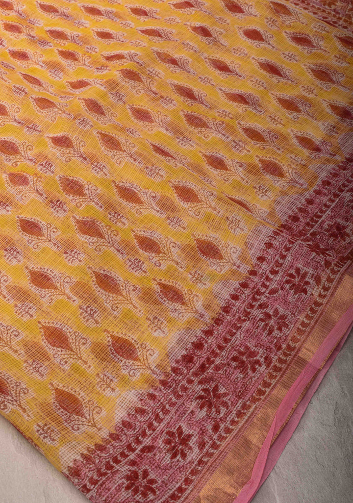 Pastel Yellow Kota Doria Cotton Saree with Sanganeri Hand Block Print and Zari Border