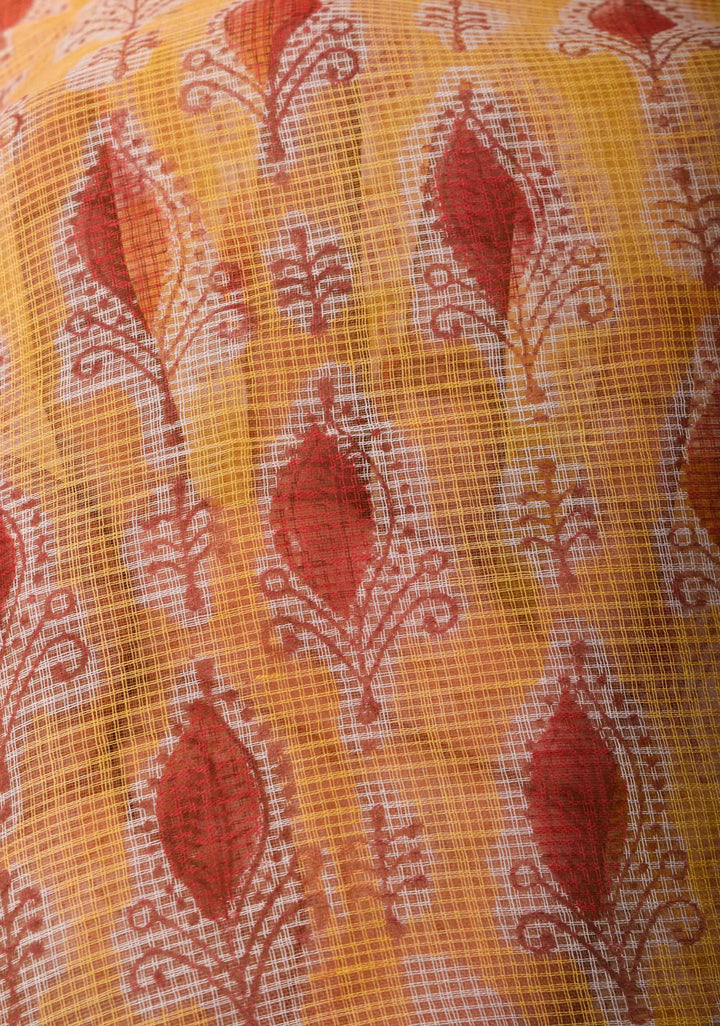 Pastel Yellow Kota Doria Cotton Saree with Sanganeri Hand Block Print and Zari Border