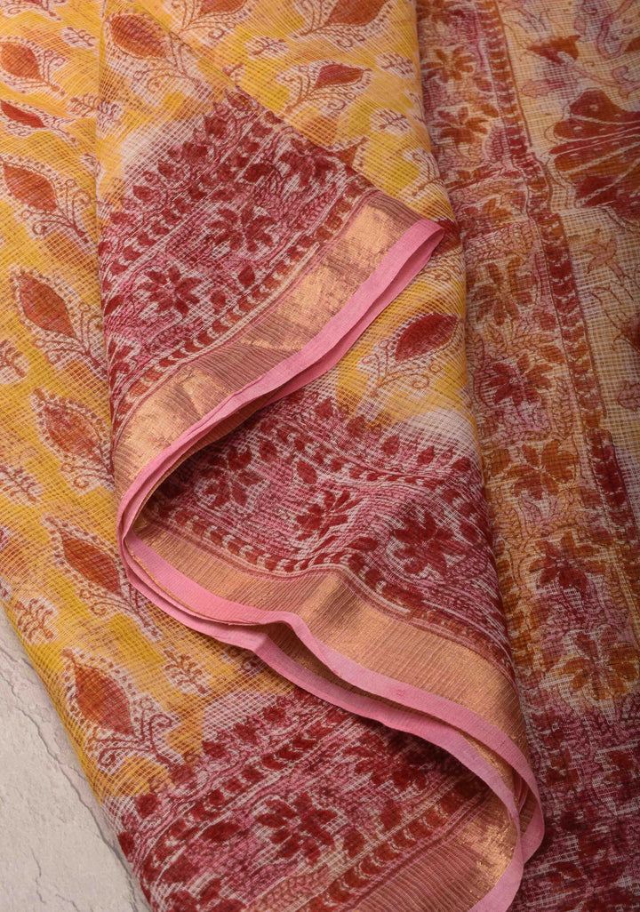 Pastel Yellow Kota Doria Cotton Saree with Sanganeri Hand Block Print and Zari Border
