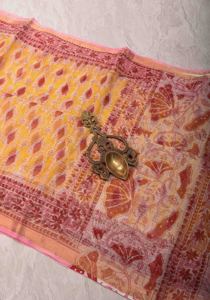 Pastel Yellow Kota Doria Cotton Saree with Sanganeri Hand Block Print and Zari Border