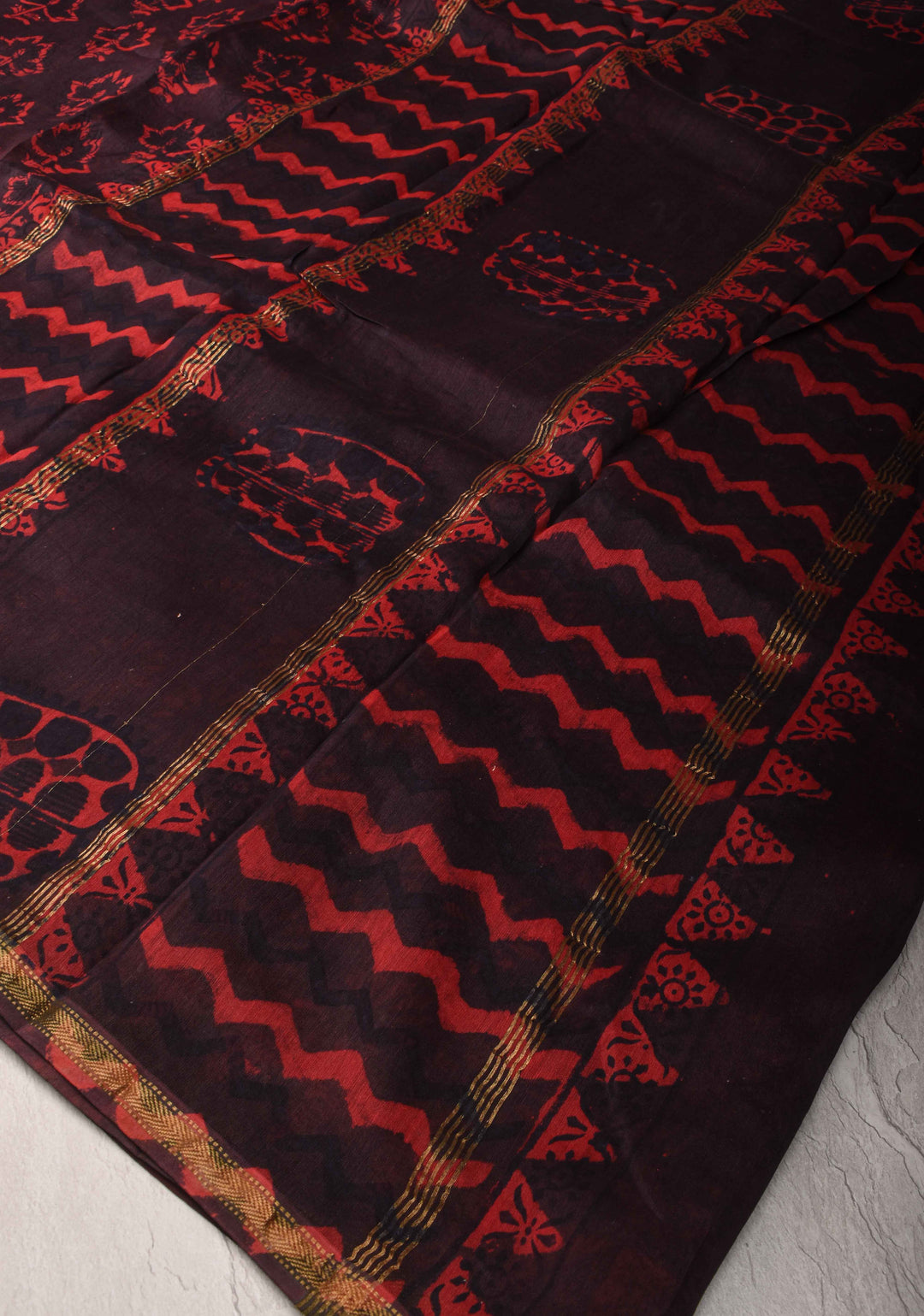 Black Hand block Printed Mul Cotton Saree with Minimal Zari Border