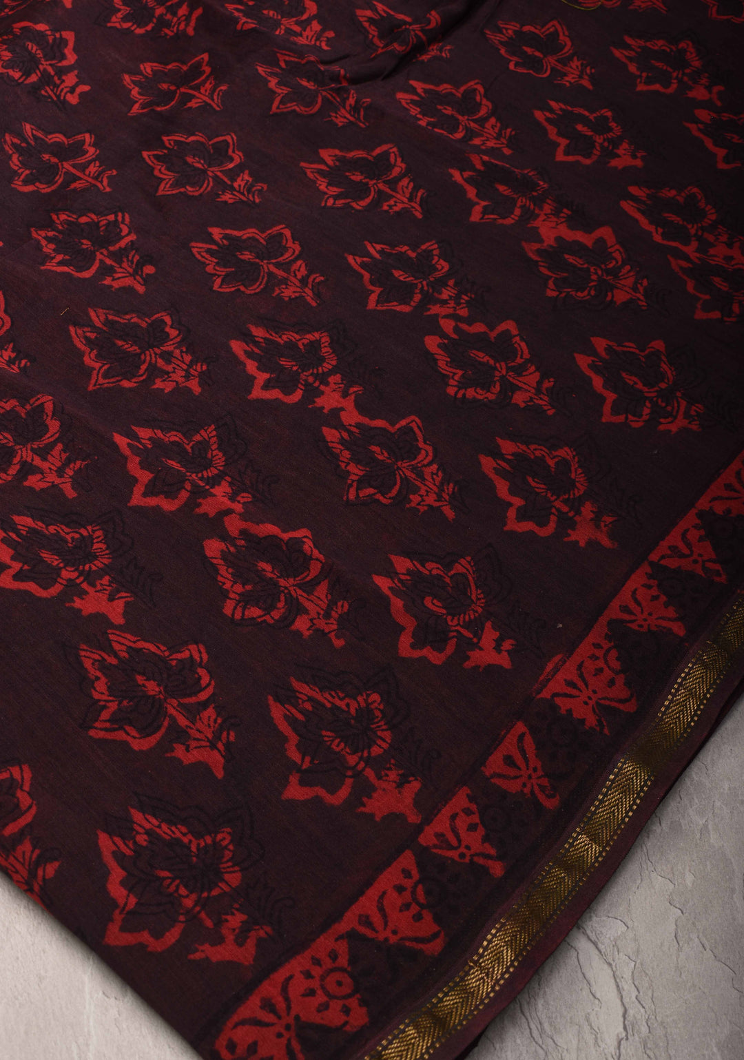 Black Hand block Printed Mul Cotton Saree with Minimal Zari Border