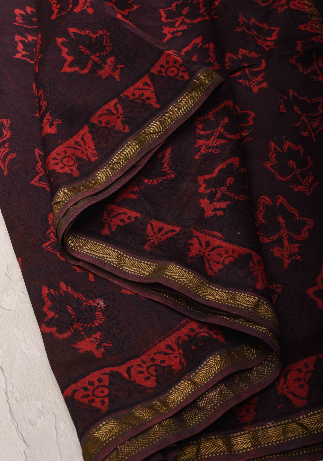 Black Hand block Printed Mul Cotton Saree with Minimal Zari Border