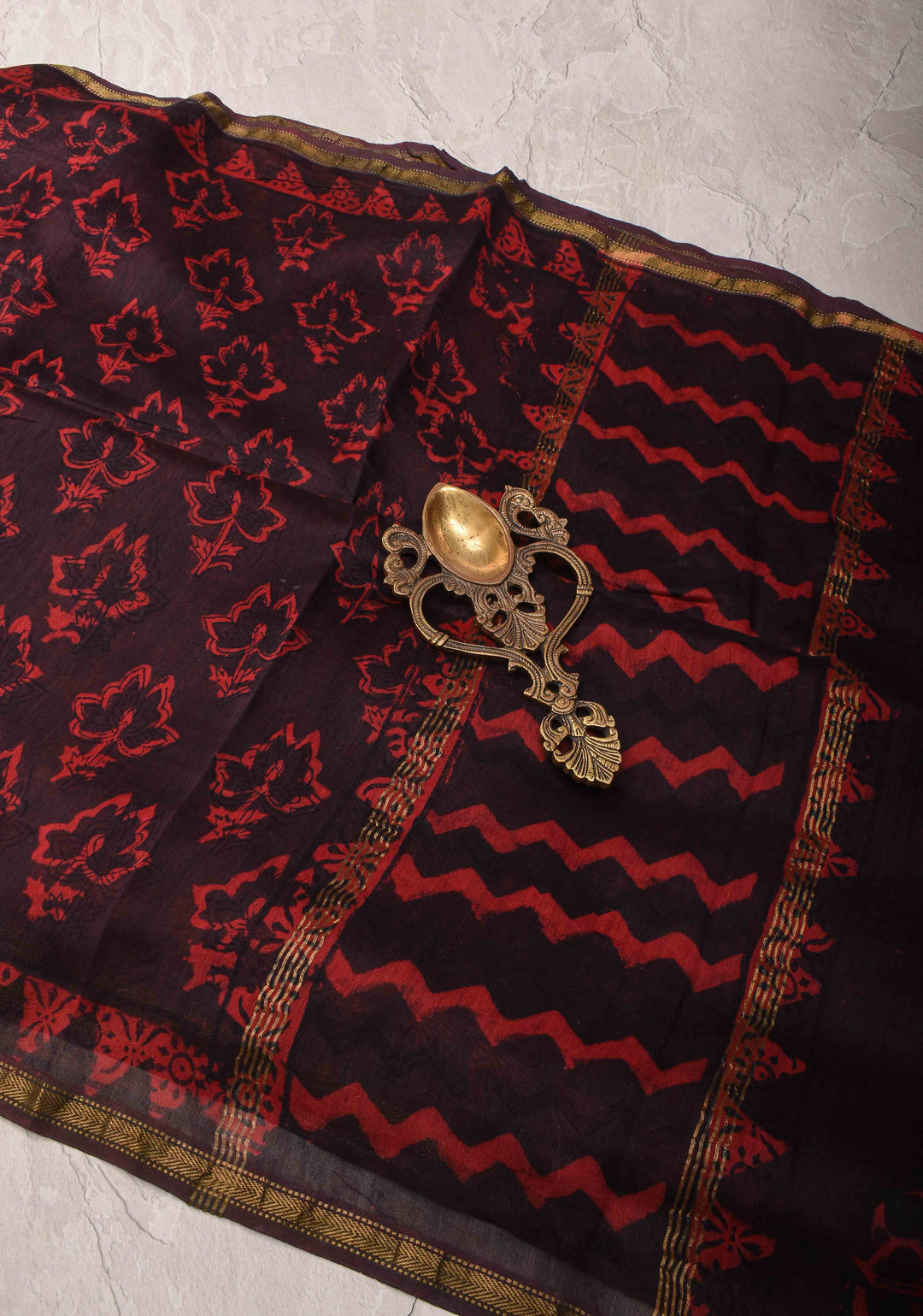 Black Hand block Printed Mul Cotton Saree with Minimal Zari Border