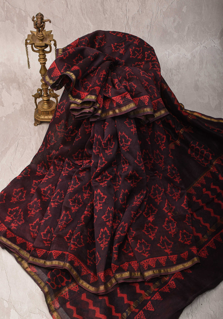 Black Hand block Printed Mul Cotton Saree with Minimal Zari Border