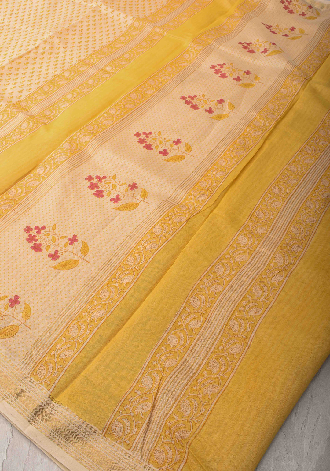 Cream Pure Cotton Saree with Floral Hand Block Print and Zari Border
