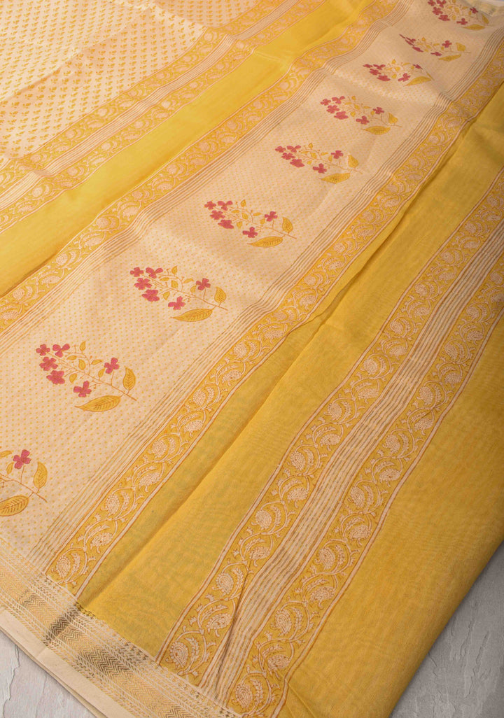 Cream Pure Cotton Saree with Floral Hand Block Print and Zari Border
