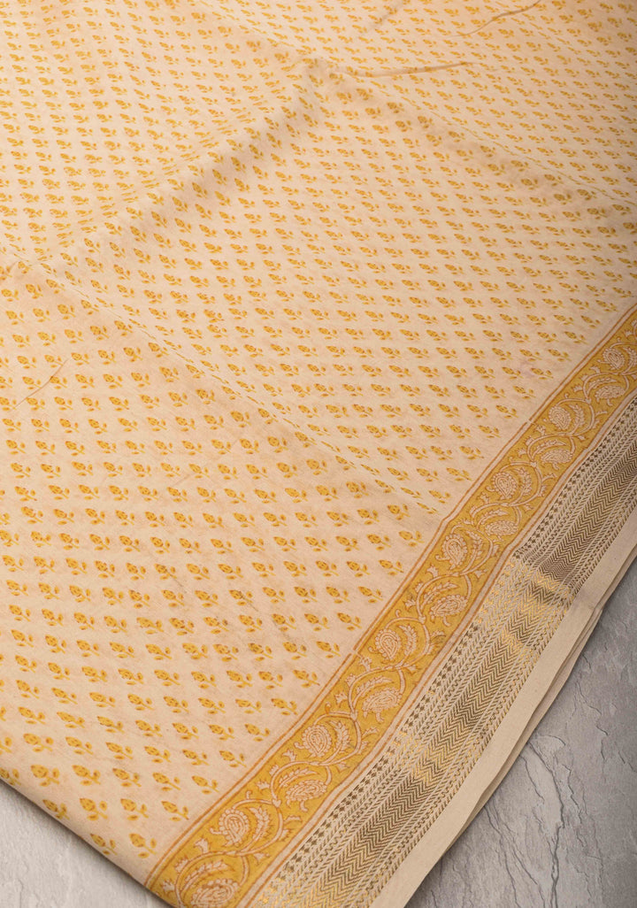Cream Pure Cotton Saree with Floral Hand Block Print and Zari Border