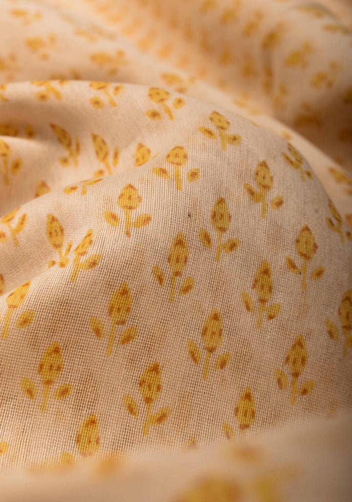 Cream Pure Cotton Saree with Floral Hand Block Print and Zari Border