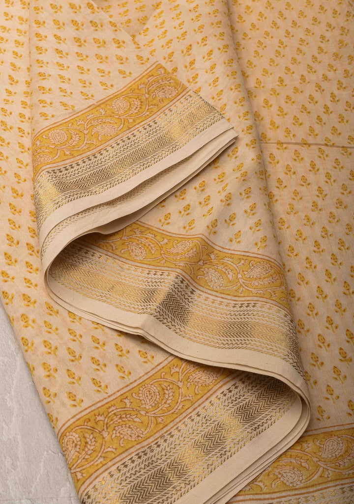 Cream Pure Cotton Saree with Floral Hand Block Print and Zari Border