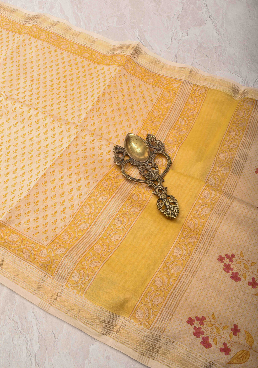 Cream Pure Cotton Saree with Floral Hand Block Print and Zari Border