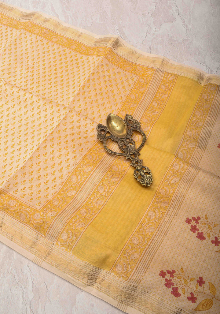Cream Pure Cotton Saree with Floral Hand Block Print and Zari Border