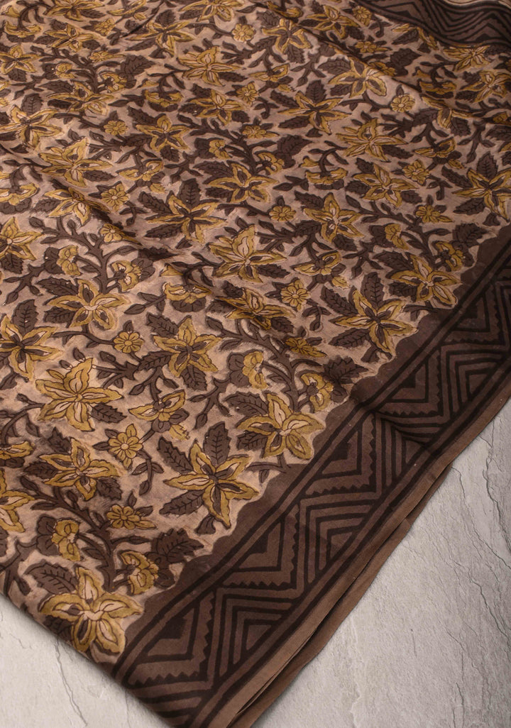 Beige Vanaspati Hand Block Print on Modal Silk Saree