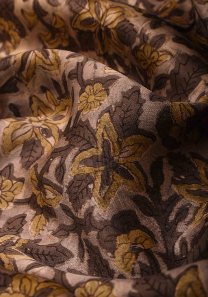 Beige Vanaspati Hand Block Print on Modal Silk Saree