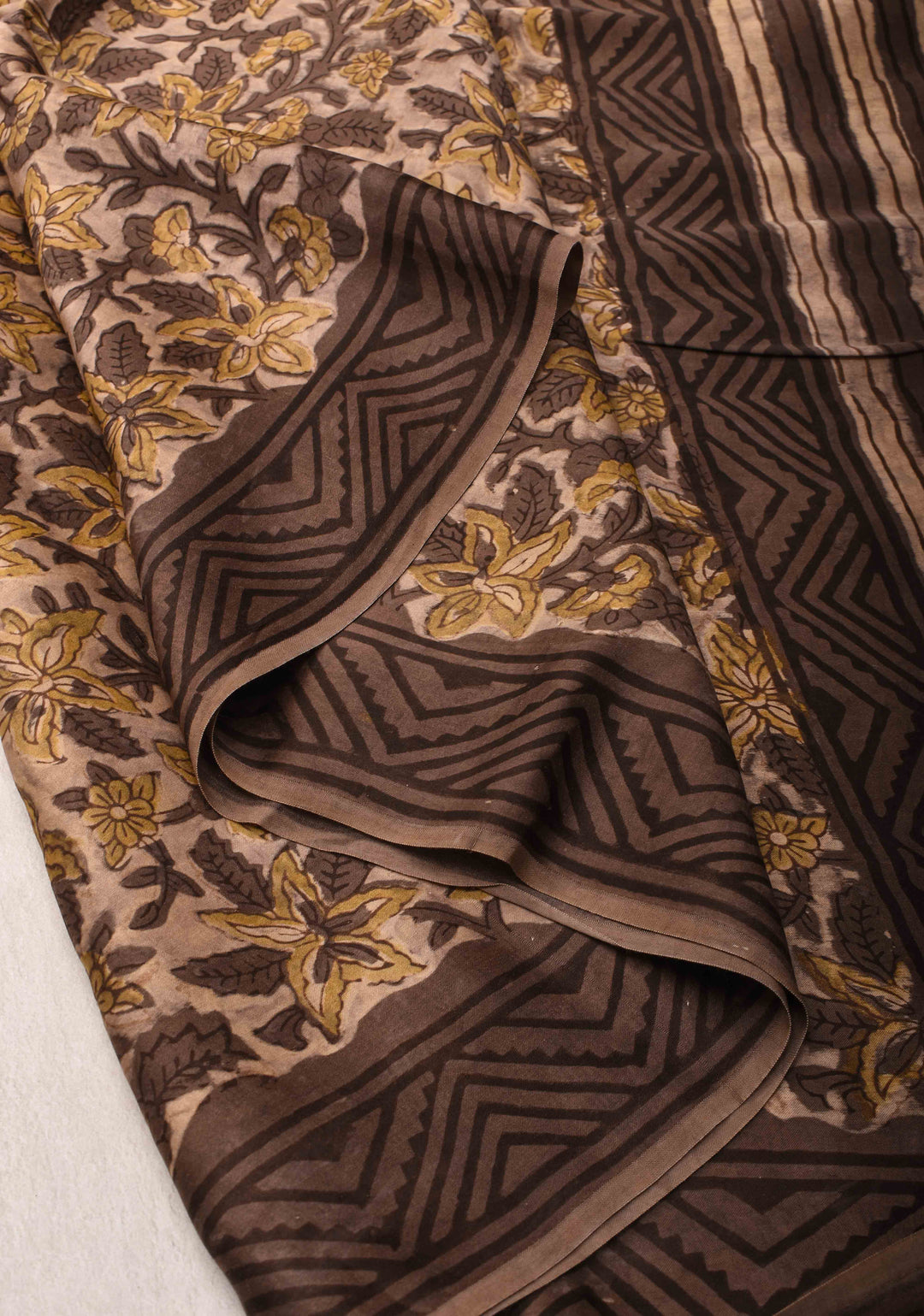 Beige Vanaspati Hand Block Print on Modal Silk Saree