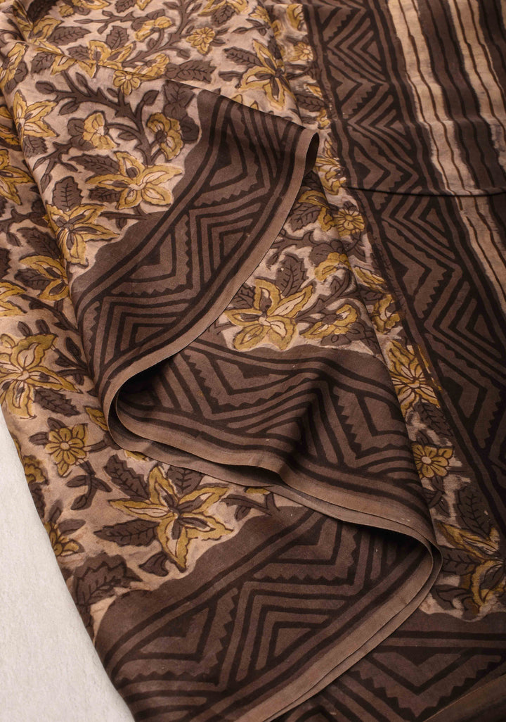 Beige Vanaspati Hand Block Print on Modal Silk Saree