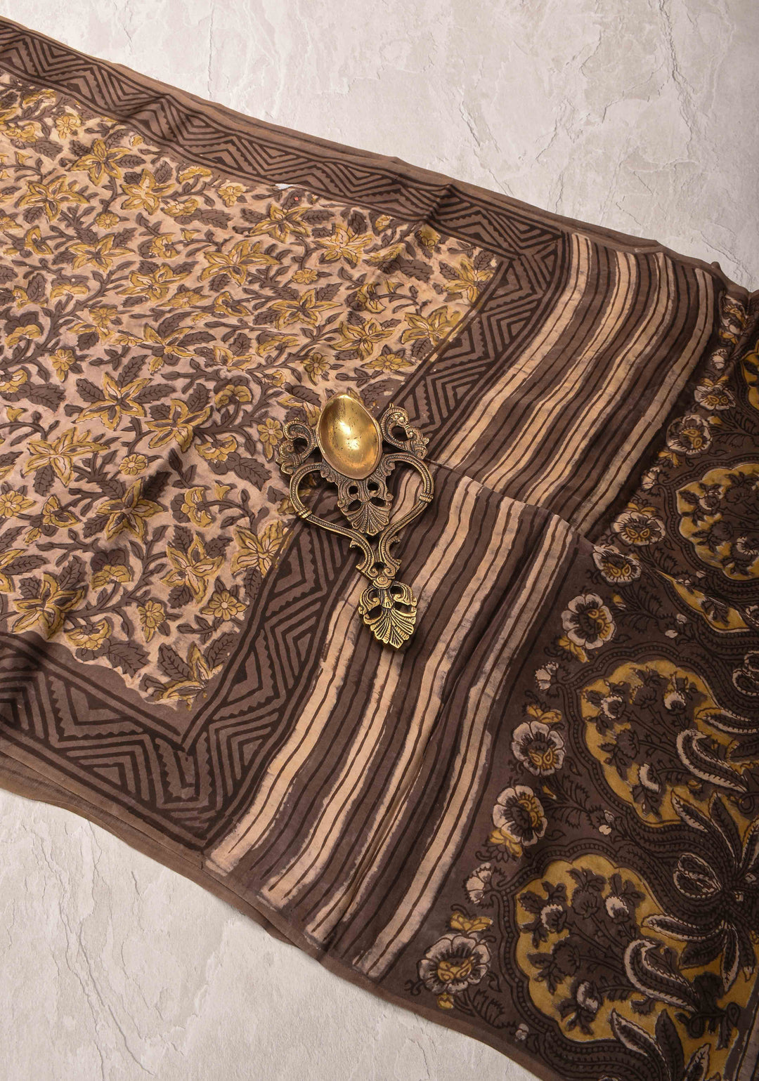 Beige Vanaspati Hand Block Print on Modal Silk Saree