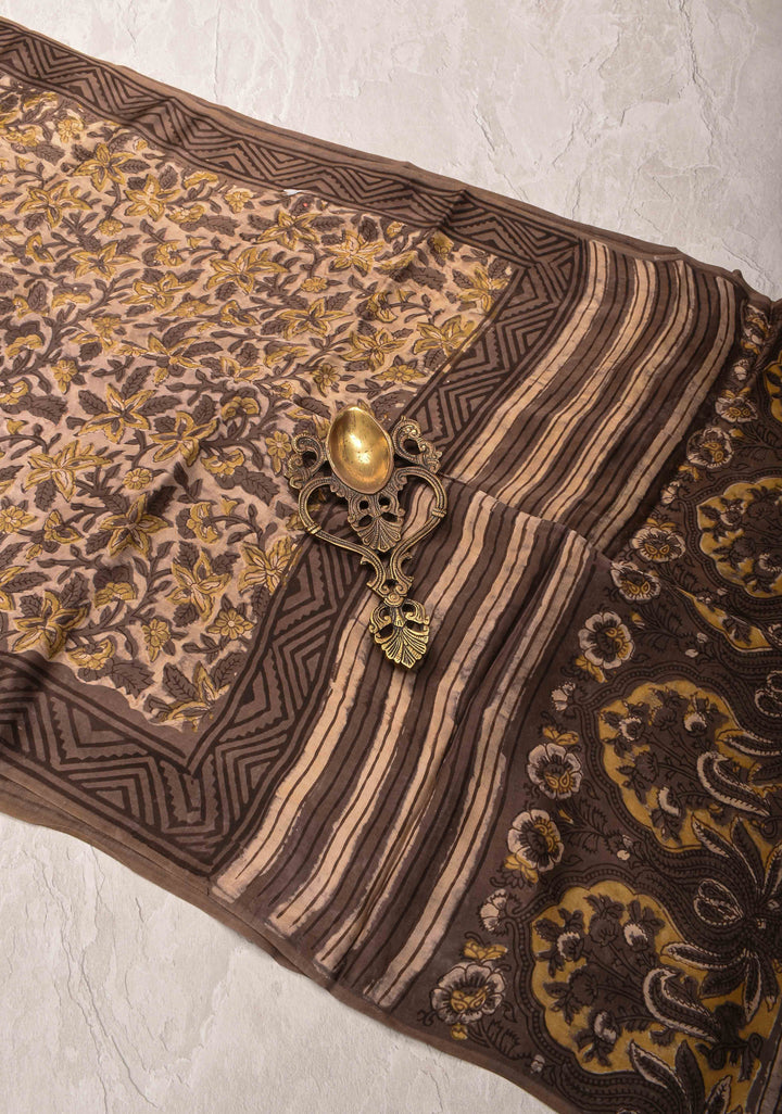 Beige Vanaspati Hand Block Print on Modal Silk Saree