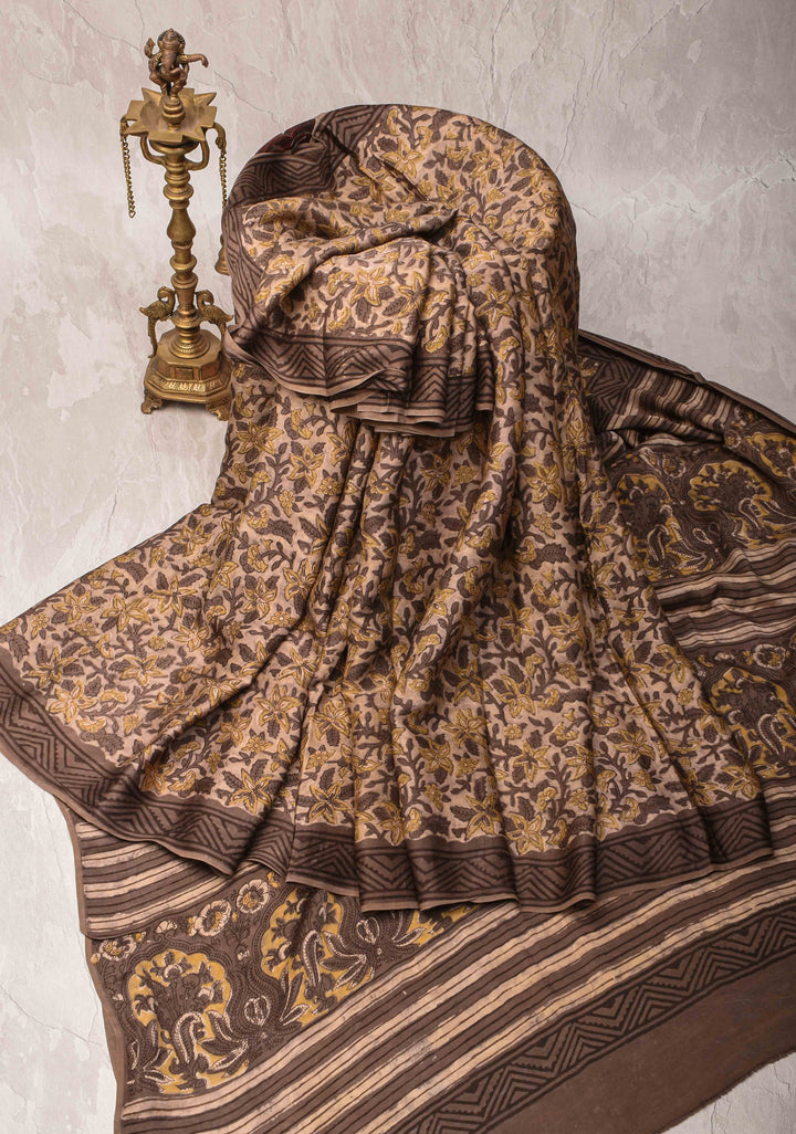 Beige Vanaspati Hand Block Print on Modal Silk Saree