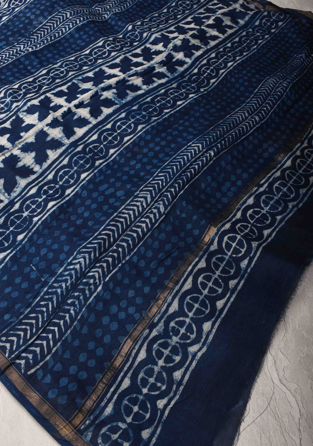 White Chanderi Silk Cotton Saree with Hand Block Print and Zari Border