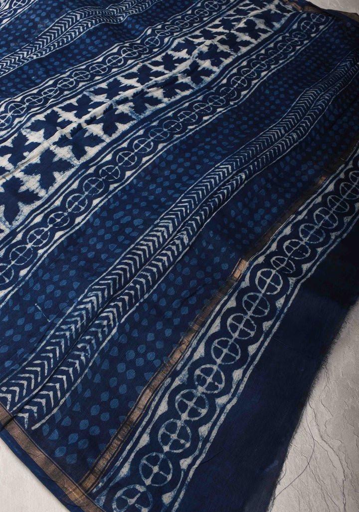 White Chanderi Silk Cotton Saree with Hand Block Print and Zari Border