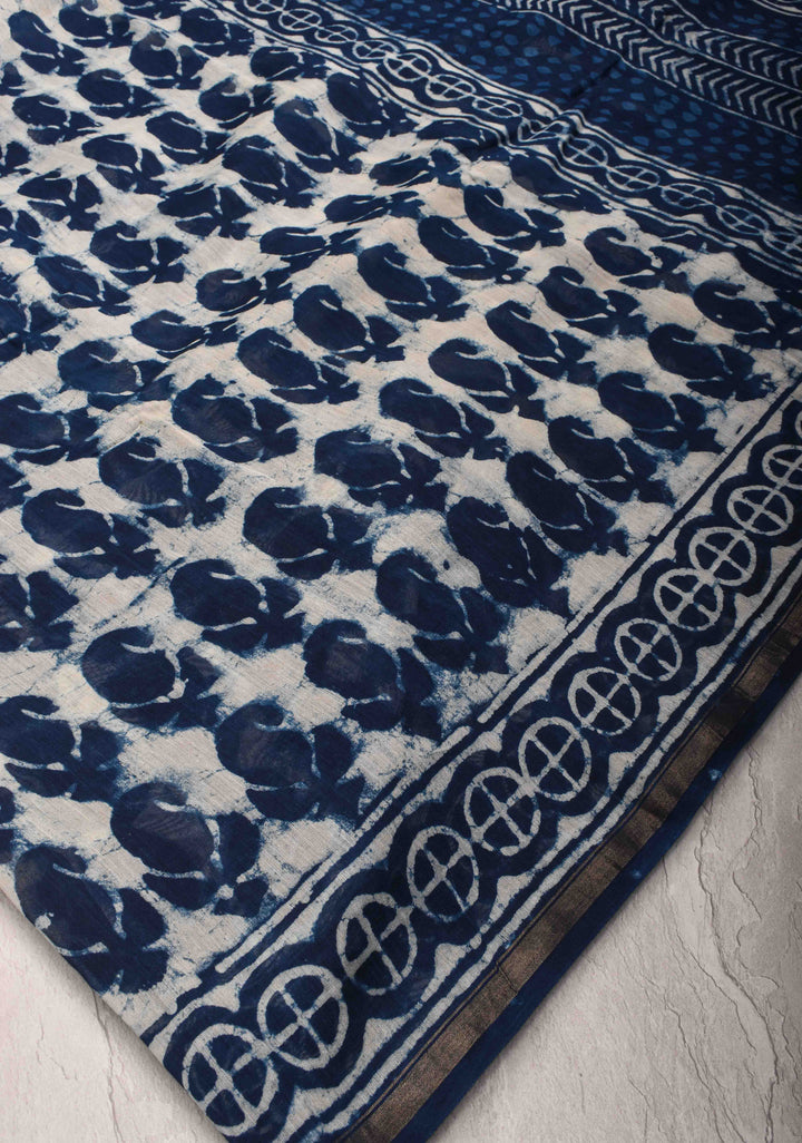 White Chanderi Silk Cotton Saree with Hand Block Print and Zari Border