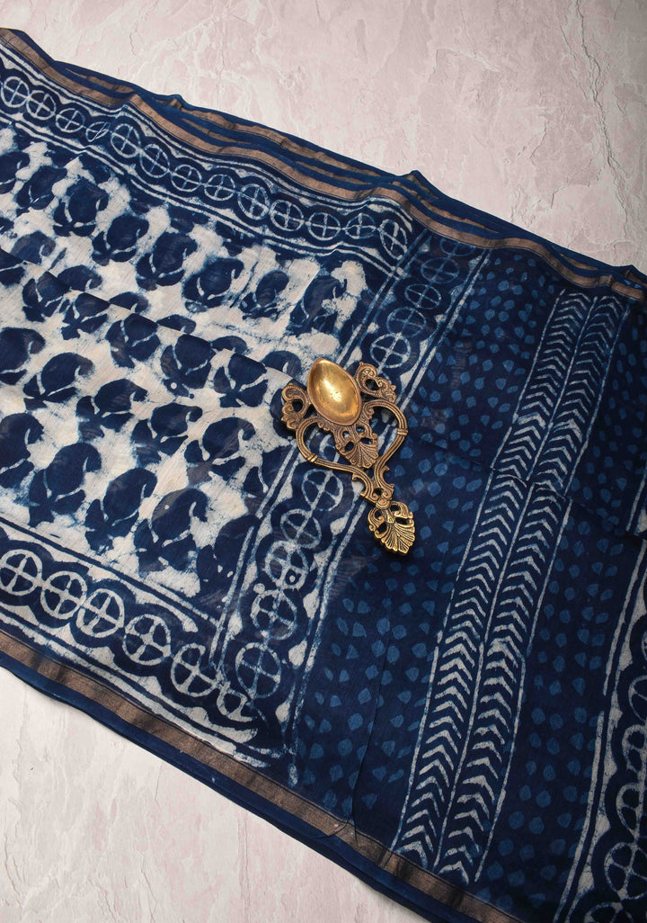 White Chanderi Silk Cotton Saree with Hand Block Print and Zari Border