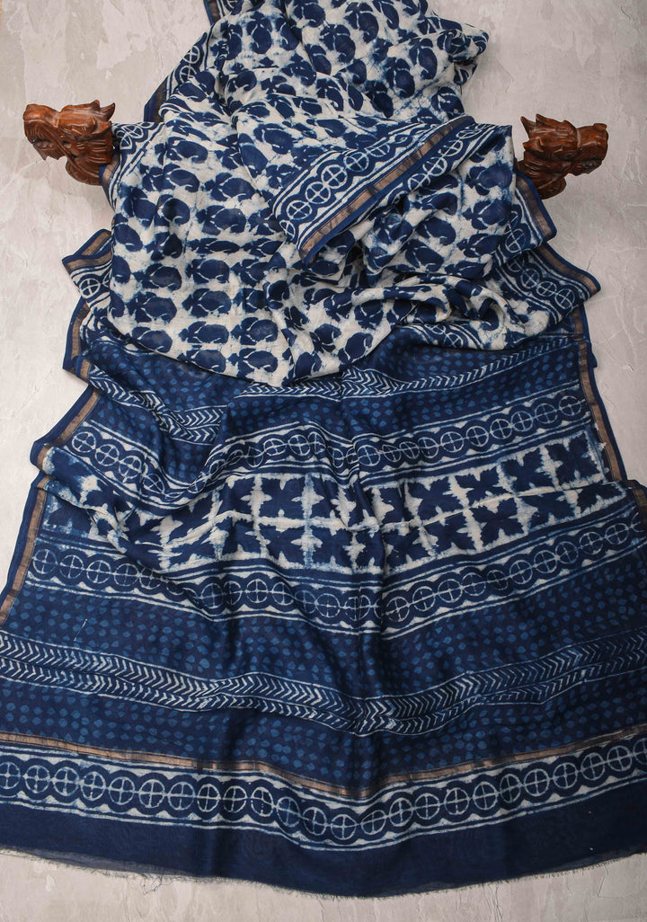White Chanderi Silk Cotton Saree with Hand Block Print and Zari Border