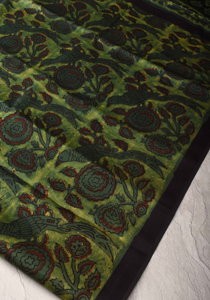 Vanaspati Hand Block Print on Modal Silk Saree in Green