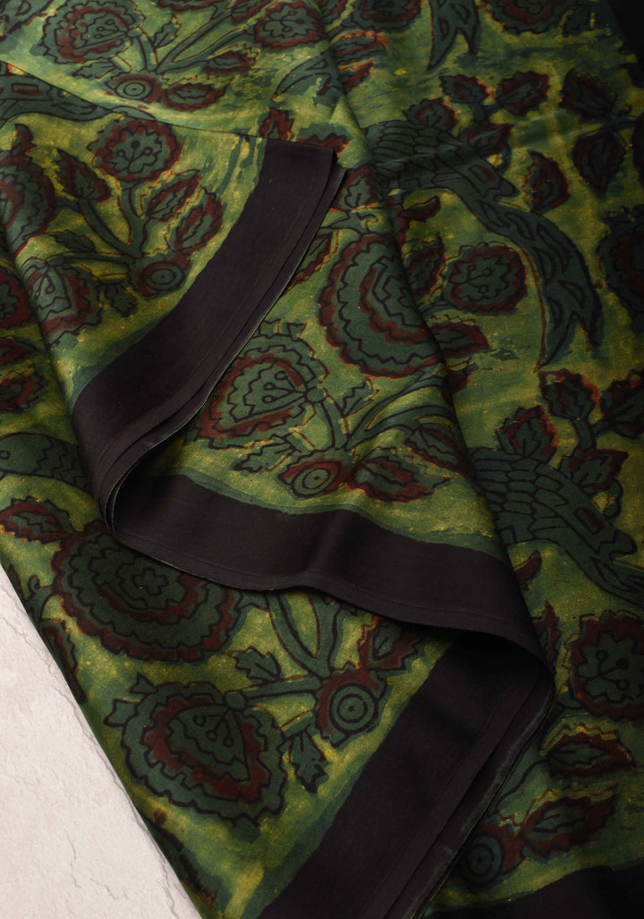 Vanaspati Hand Block Print on Modal Silk Saree in Green
