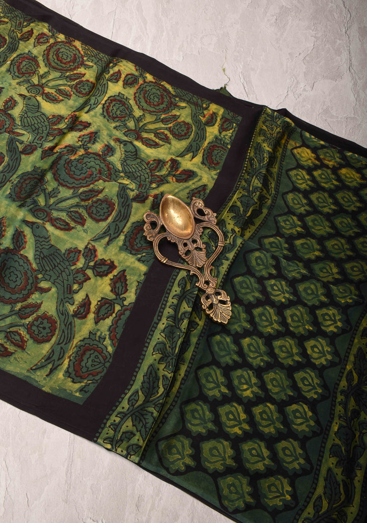 Vanaspati Hand Block Print on Modal Silk Saree in Green