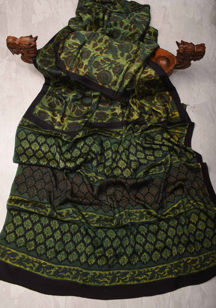 Vanaspati Hand Block Print on Modal Silk Saree in Green