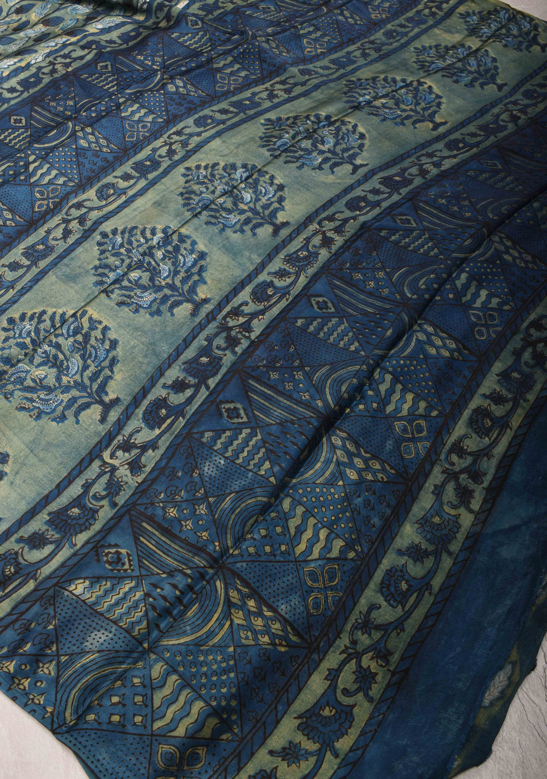 Vanaspati Hand Block Print on Modal Silk Saree in Green