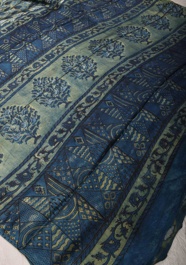 Vanaspati Hand Block Print on Modal Silk Saree in Green