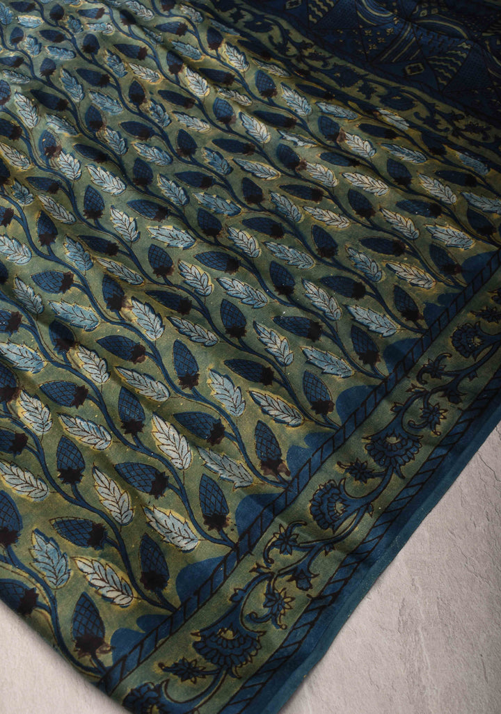 Vanaspati Hand Block Print on Modal Silk Saree in Green